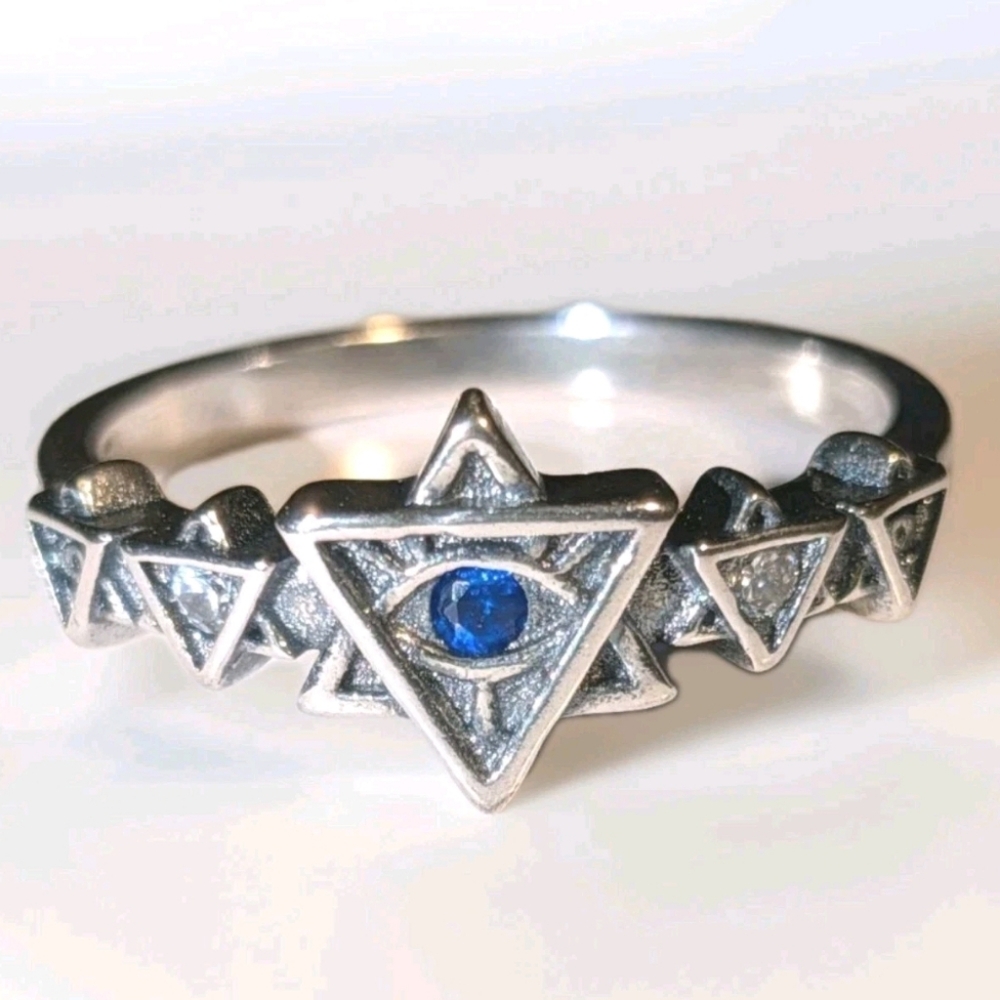 925 Sterling Silver Blue Gemstone Triangle Demon Eye Ring Sz 6